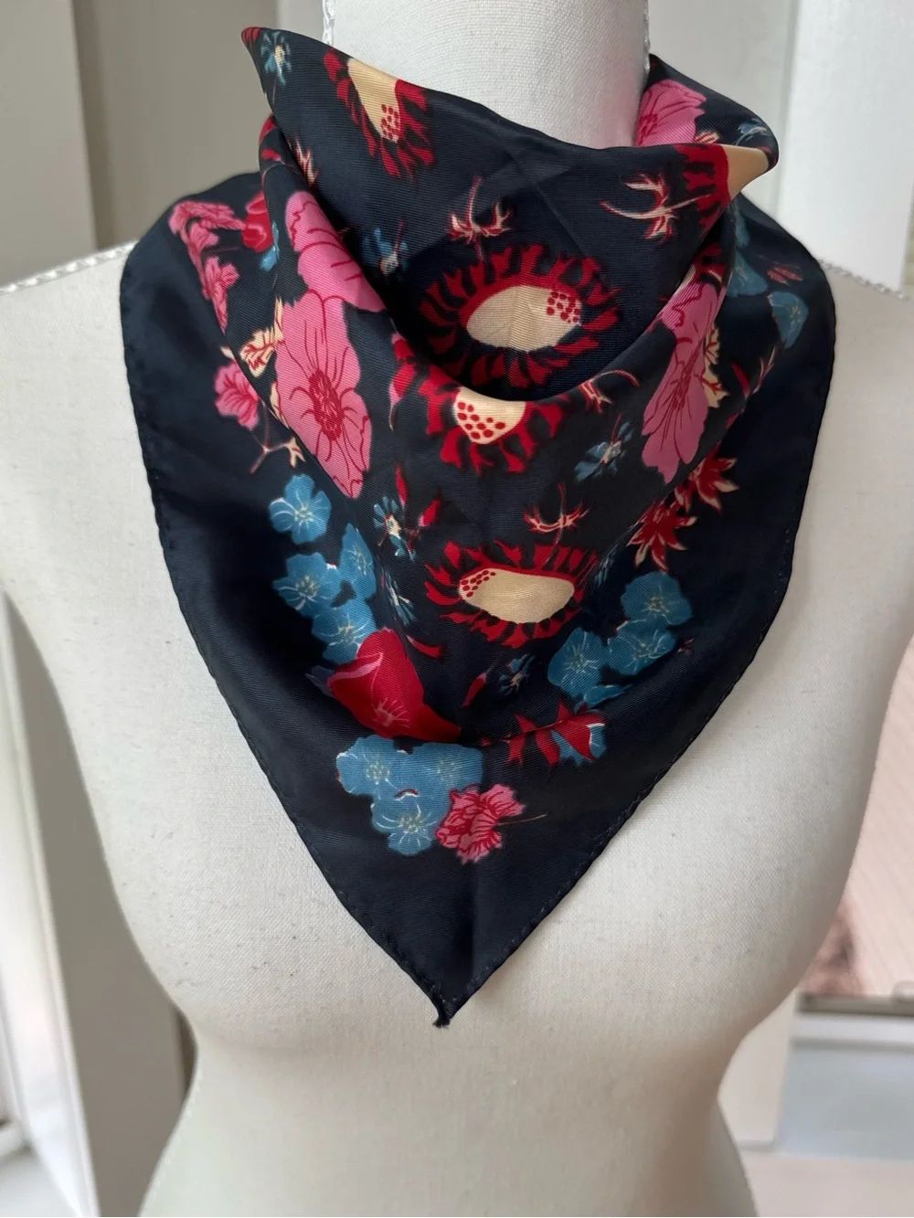 Vintage Black Floral Square Scarf with Pink, Blue & Red Accents
